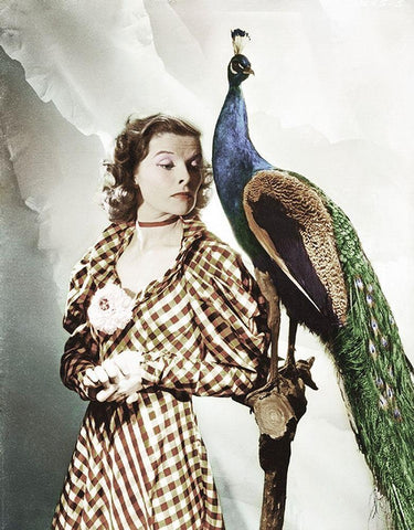 Katherine Hepburn with Peacock White Modern Wood Framed Art Print with Double Matting by Hollywood Photo Archive