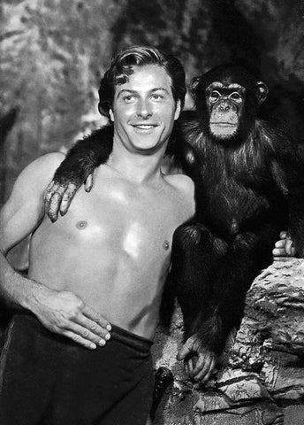 Lex Barker with Cheeta Black Ornate Wood Framed Art Print with Double Matting by Hollywood Photo Archive