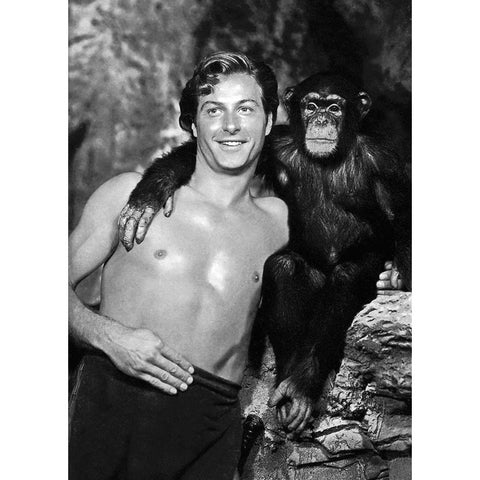 Lex Barker with Cheeta White Modern Wood Framed Art Print by Hollywood Photo Archive