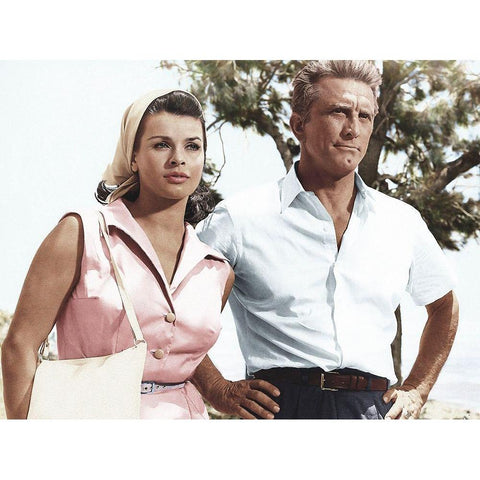 Senta Berger with Kirk Douglas White Modern Wood Framed Art Print by Hollywood Photo Archive