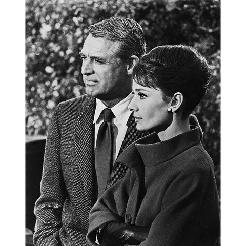 Cary Grant with Audrey Hepburn - Charade White Modern Wood Framed Art Print by Hollywood Photo Archive