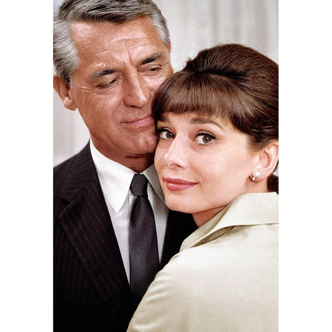 Cary Grant with Audrey Hepburn - Charade White Modern Wood Framed Art Print by Hollywood Photo Archive