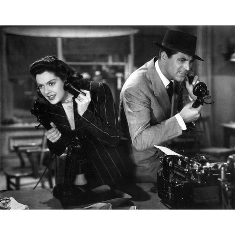 Cary Grant with Rosalind Russell - His Girl Friday White Modern Wood Framed Art Print by Hollywood Photo Archive