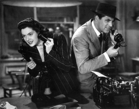 Cary Grant with Rosalind Russell - His Girl Friday White Modern Wood Framed Art Print with Double Matting by Hollywood Photo Archive