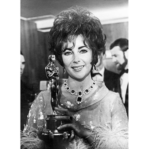 Elizabeth Taylor - Holding an Oscar White Modern Wood Framed Art Print by Hollywood Photo Archive