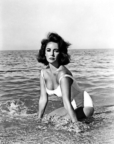 Elizabeth Taylor - In the surf White Modern Wood Framed Art Print with Double Matting by Hollywood Photo Archive