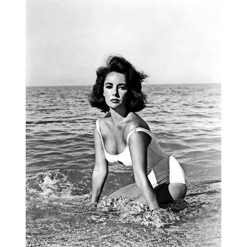 Elizabeth Taylor - In the surf White Modern Wood Framed Art Print by Hollywood Photo Archive