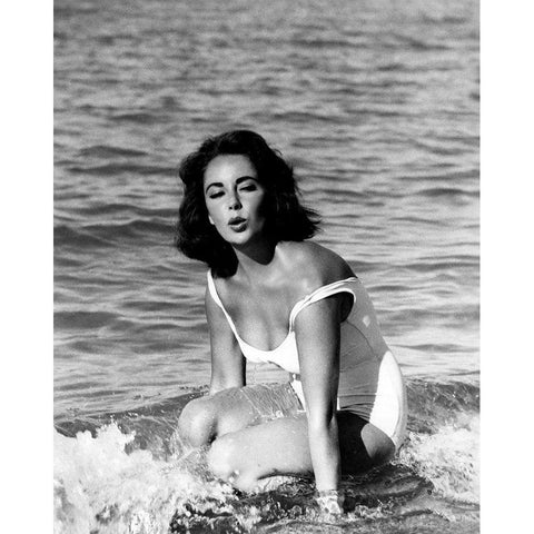 Elizabeth Taylor - In the surf Gold Ornate Wood Framed Art Print with Double Matting by Hollywood Photo Archive