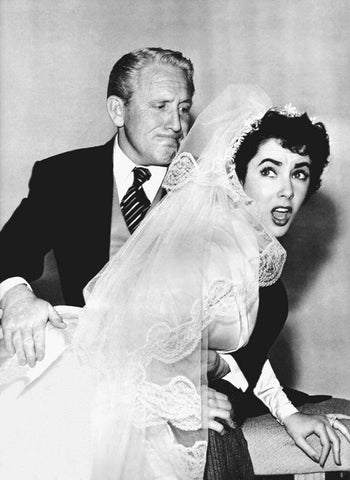 Father of the Bride - Elizabeth Taylor and Spencer Tracey White Modern Wood Framed Art Print with Double Matting by Hollywood Photo Archive