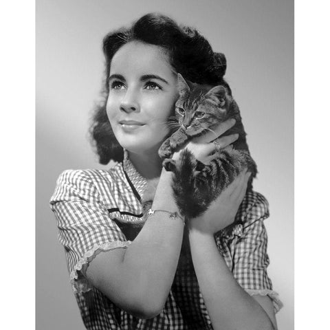 Elizabeth Taylor with kitten Gold Ornate Wood Framed Art Print with Double Matting by Hollywood Photo Archive