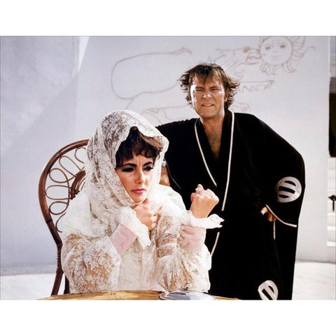 Elizabeth Taylor and Richard Burton in Boom White Modern Wood Framed Art Print by Hollywood Photo Archive