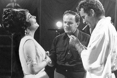 Cleopatra - Elizabeth Taylor on set with Richard Burton and Joseph Mankiewicz White Modern Wood Framed Art Print with Double Matting by Hollywood Photo Archive