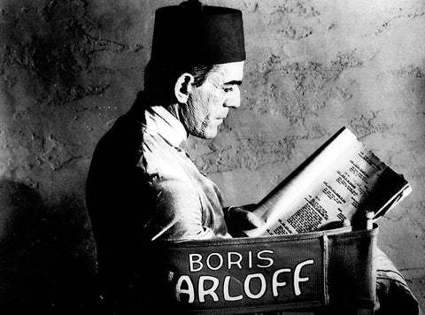 Boris Karloff - Reading a Script White Modern Wood Framed Art Print with Double Matting by Hollywood Photo Archive