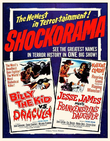 Double Feature - Billy the Kid vs. Dracula and Jesse James Meets Frankensteins Daughter Black Ornate Wood Framed Art Print with Double Matting by Hollywood Photo Archive