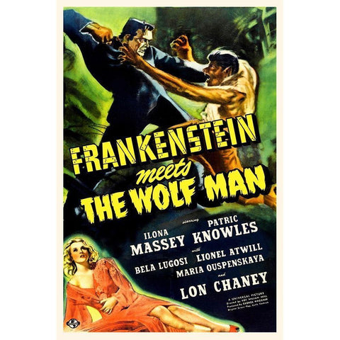 Frankenstein vs Wolfman Black Modern Wood Framed Art Print with Double Matting by Hollywood Photo Archive