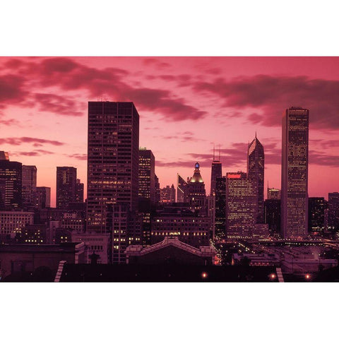 Skyline at dusk Chicago Illinois White Modern Wood Framed Art Print by Highsmith, Carol