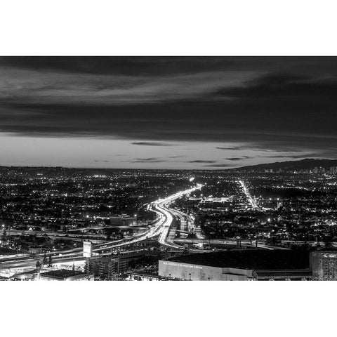 Dusk skyline view of Los Angeles California looking west over the Santa Monica freeway Black Modern Wood Framed Art Print with Double Matting by Highsmith, Carol