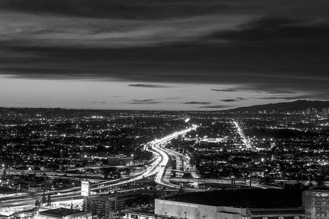 Dusk skyline view of Los Angeles California looking west over the Santa Monica freeway White Modern Wood Framed Art Print with Double Matting by Highsmith, Carol