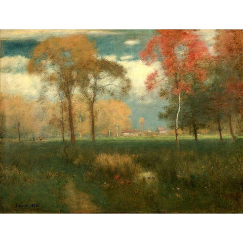 Sunny Autumn Day Gold Ornate Wood Framed Art Print with Double Matting by Inness, George