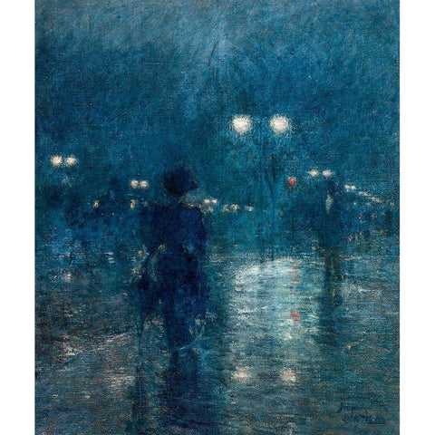 Fifth Avenue Nocturne Gold Ornate Wood Framed Art Print with Double Matting by Hassam, Childe