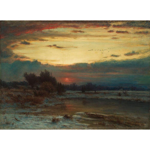 A Winter Sky Gold Ornate Wood Framed Art Print with Double Matting by Inness, George