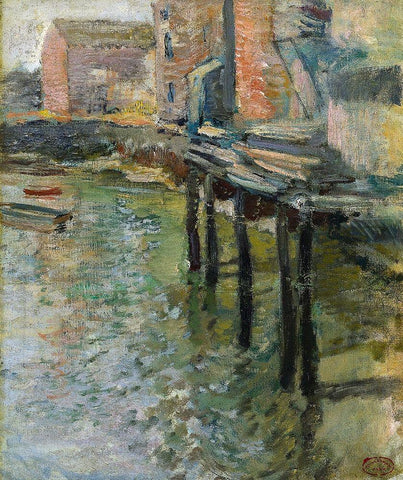 Deserted Wharf The Old Mill at Cos Cob White Modern Wood Framed Art Print with Double Matting by Twachtman, John Henry