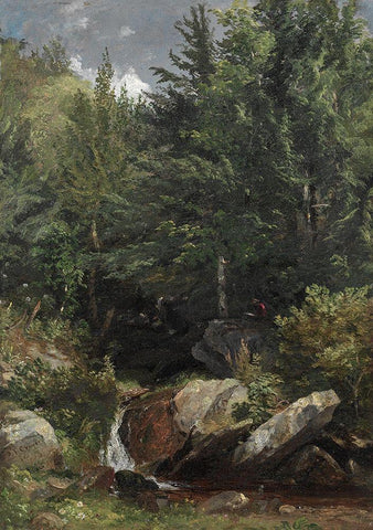 Trees and a Stream on a Hillside Black Ornate Wood Framed Art Print with Double Matting by Cropsey, Jasper F.
