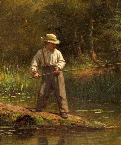 Boy Fishing White Modern Wood Framed Art Print with Double Matting by Johnson, Eastman