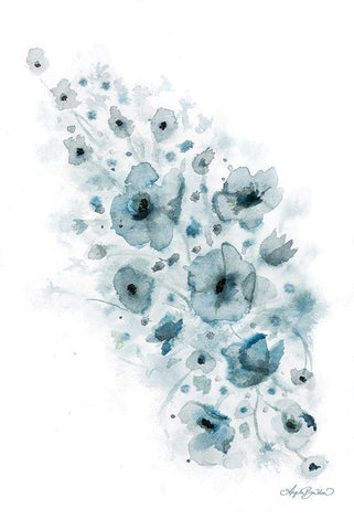 Blue Floral Splash I White Modern Wood Framed Art Print with Double Matting by Bawden, Angela