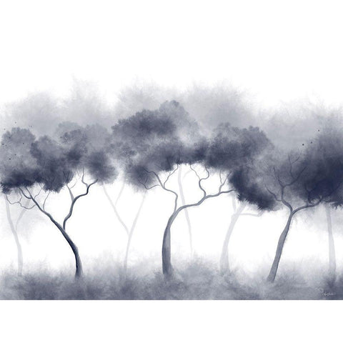 Misty Blue Forest Trees Black Modern Wood Framed Art Print by Bawden, Angela