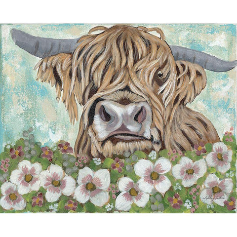 Floral Highland Cow Black Modern Wood Framed Art Print with Double Matting by Justice, Ashley