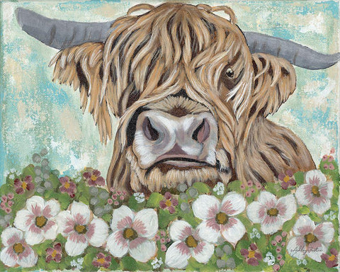 Floral Highland Cow Black Ornate Wood Framed Art Print with Double Matting by Justice, Ashley