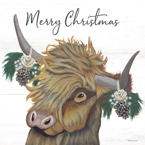 Merry Christmas Highland White Modern Wood Framed Art Print by Justice, Ashley