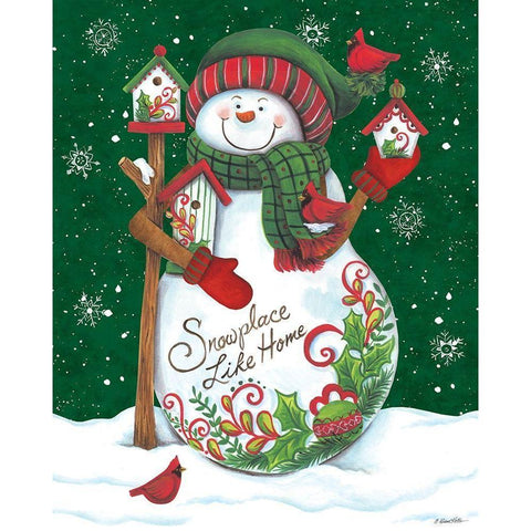 Snowman with Birdhouses White Modern Wood Framed Art Print by Kater, Diane