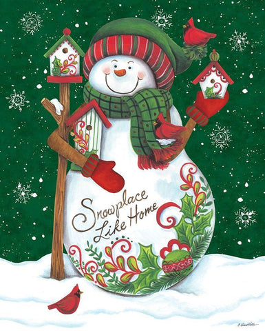 Snowman with Birdhouses White Modern Wood Framed Art Print with Double Matting by Kater, Diane