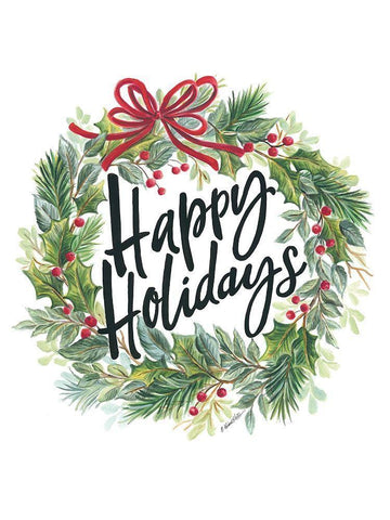 Happy Holidays Wreath White Modern Wood Framed Art Print with Double Matting by Kater, Diane