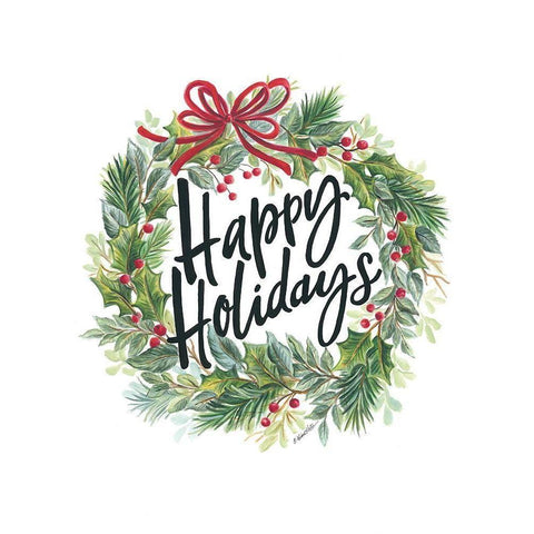 Happy Holidays Wreath White Modern Wood Framed Art Print by Kater, Diane