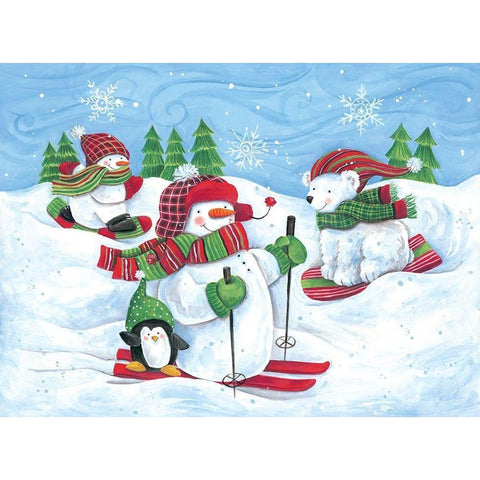 Skiing Snowmen and Animals White Modern Wood Framed Art Print by Kater, Diane