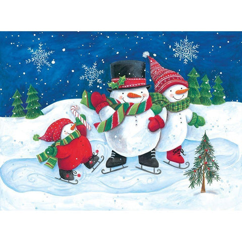 Happy Snowmen Family on Skates Black Modern Wood Framed Art Print with Double Matting by Kater, Diane