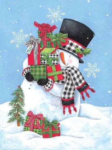 Gifting Snowman II White Modern Wood Framed Art Print with Double Matting by Kater, Diane