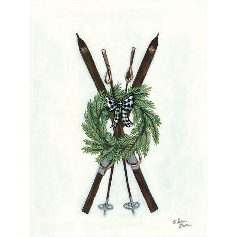 Vintage Winter Skis Black Modern Wood Framed Art Print with Double Matting by Baker, Sara