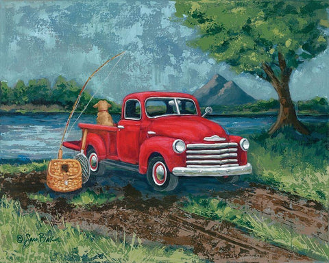 Red Truck Fishing Buddy White Modern Wood Framed Art Print with Double Matting by Baker, Sara