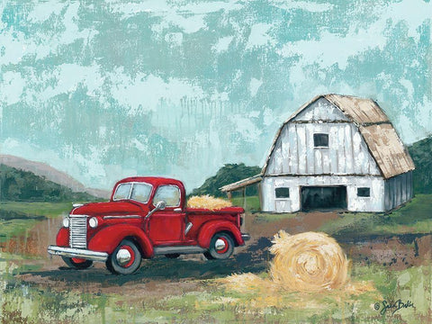 Red Truck at the Barn Black Ornate Wood Framed Art Print with Double Matting by Baker, Sara