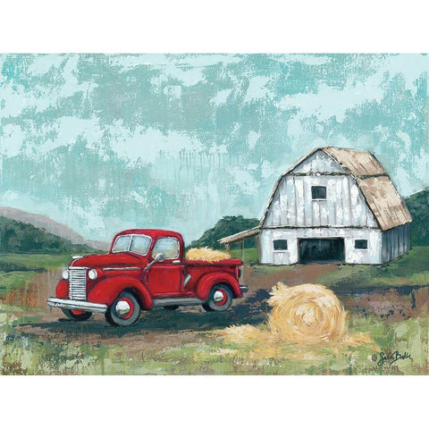 Red Truck at the Barn Black Modern Wood Framed Art Print by Baker, Sara