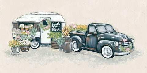 Vintage Flower Truck and Trailer Black Ornate Wood Framed Art Print with Double Matting by Baker, Sara