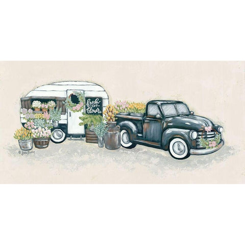 Vintage Flower Truck and Trailer Black Modern Wood Framed Art Print by Baker, Sara