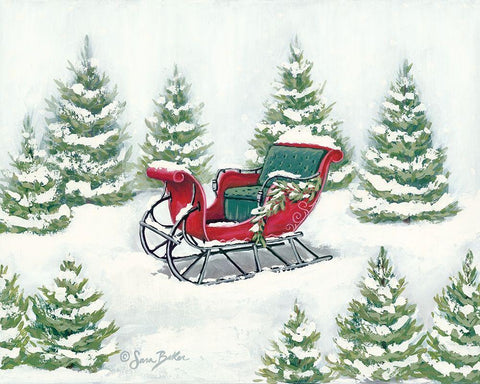 Tree Farm Sleigh White Modern Wood Framed Art Print with Double Matting by Baker, Sara