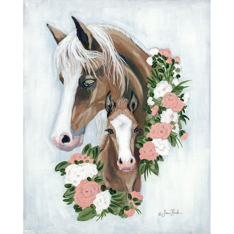 Floral Ponies Black Modern Wood Framed Art Print with Double Matting by Baker, Sara