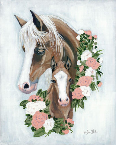 Floral Ponies Black Ornate Wood Framed Art Print with Double Matting by Baker, Sara