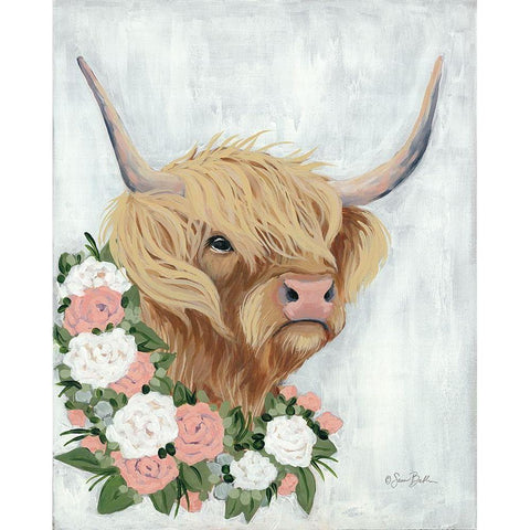 Floral Highlander Cow White Modern Wood Framed Art Print by Baker, Sara